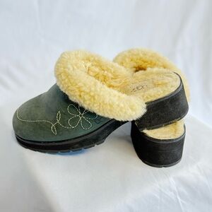 UGG Blossom Gray Suede w/ White Stitching Shearling Mules Woman’s Size 9 EUC